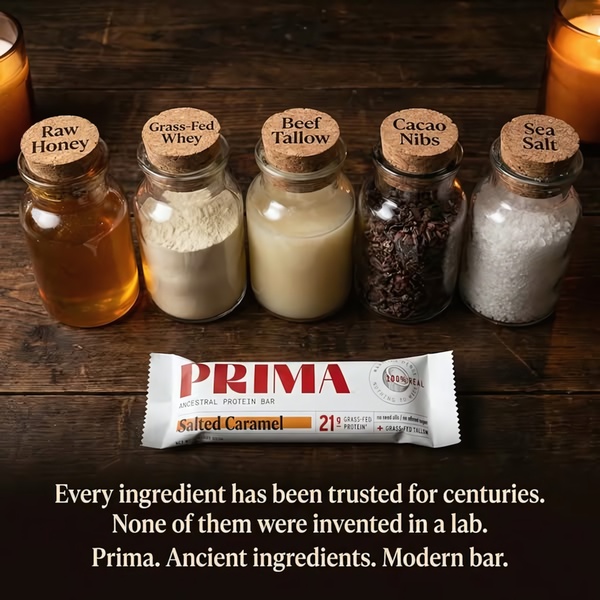 This creative showcases the five primary components of the protein bar in decorative glass jars, visually reinforcing a natural and clean-label value proposition.